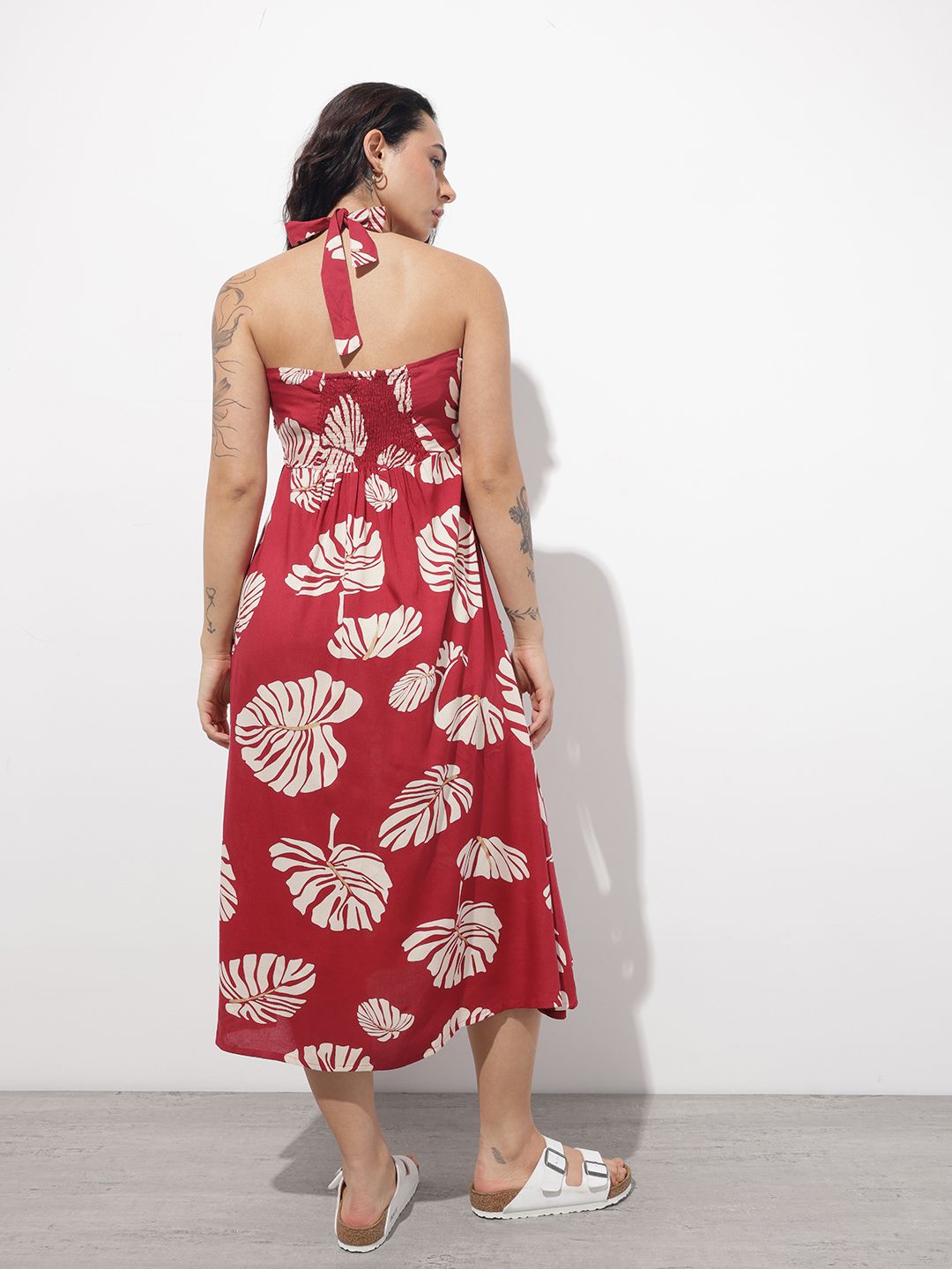 Divena Maroon Shoulder Strapes Fit & Flared Rayon Dress