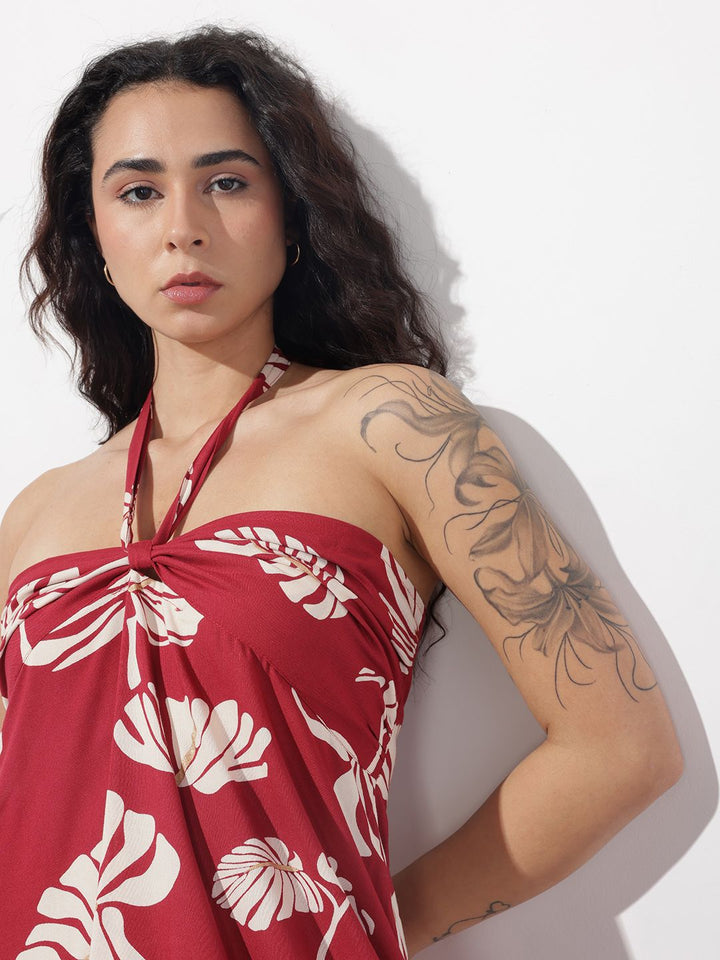 Divena Maroon Shoulder Strapes Fit & Flared Rayon Dress