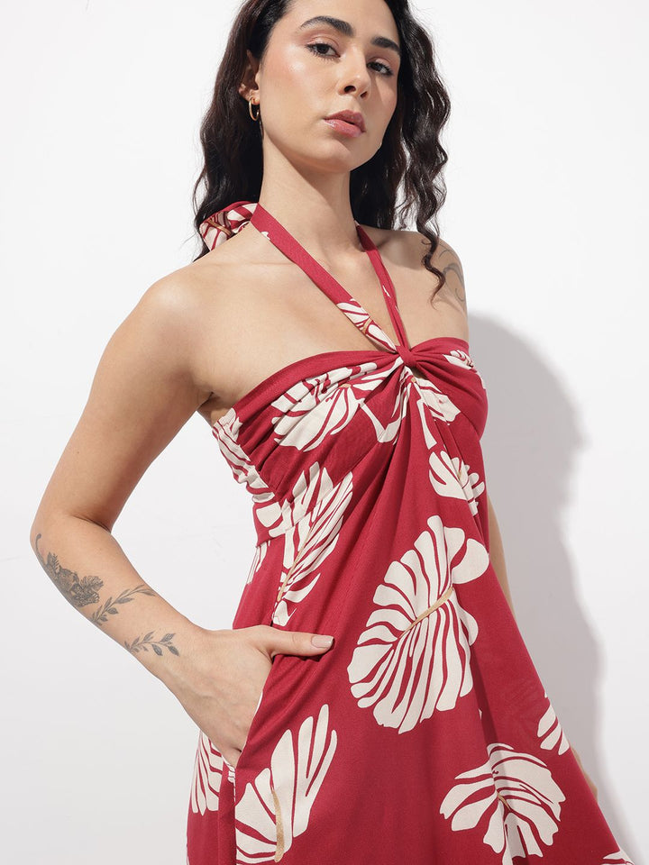 Divena Maroon Shoulder Strapes Fit & Flared Rayon Dress