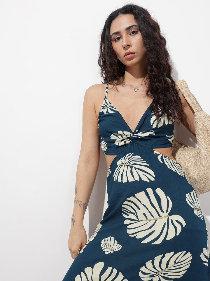 Divena Blue Shoulder Strap Rayon Dress