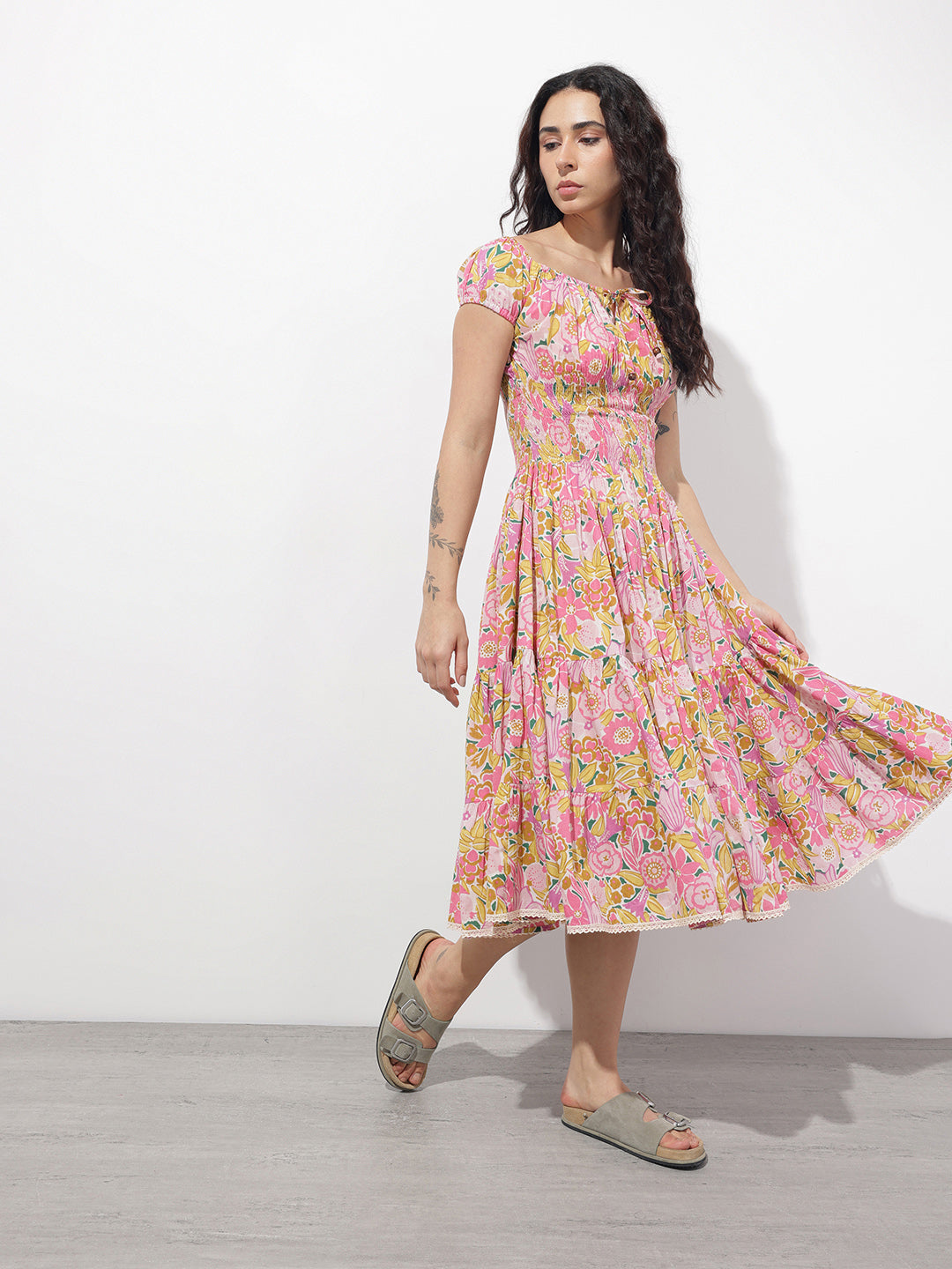 Divena Baby Pink Shoulder Strapes Fit & Flared Cotton Dress