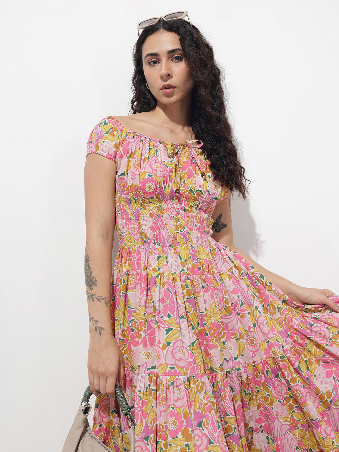 Divena Baby Pink Shoulder Strapes Fit & Flared Cotton Dress