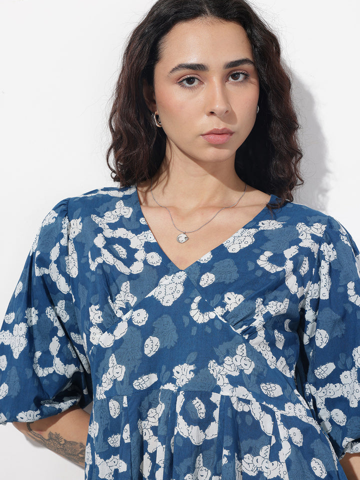 Divena Blue V-Neck Short Bell Sleeves Mini Cotton Dress