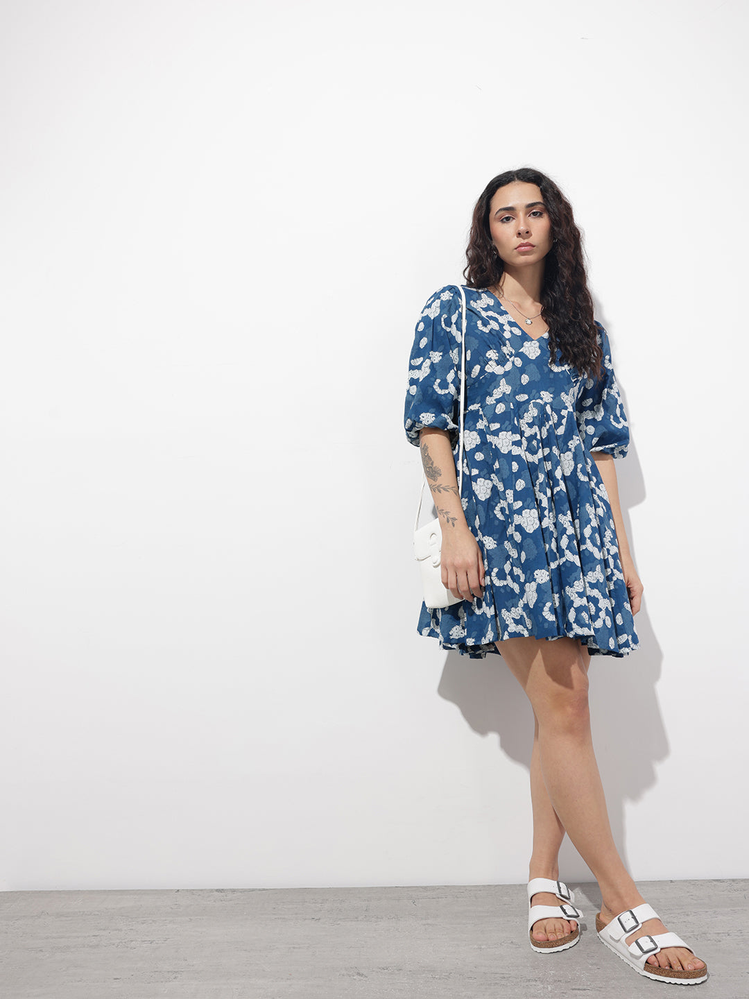 Divena Blue V-Neck Short Bell Sleeves Mini Cotton Dress