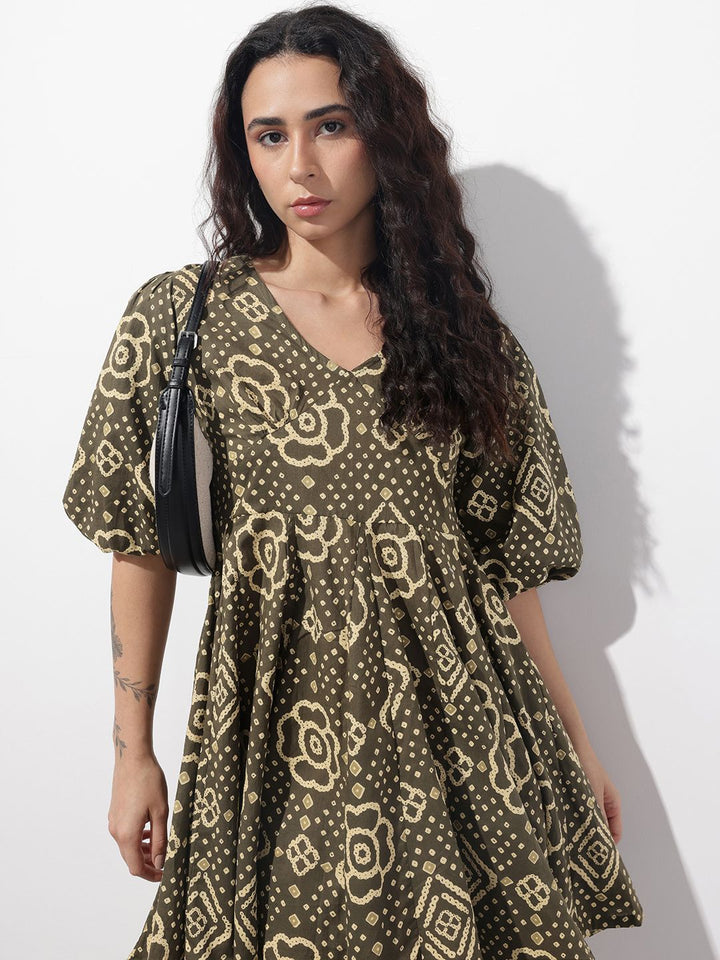 Divena Brown V-Neck Short Bell Sleeves Mini Cotton Dress