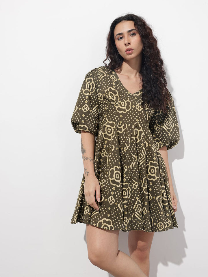 Divena Brown V-Neck Short Bell Sleeves Mini Cotton Dress