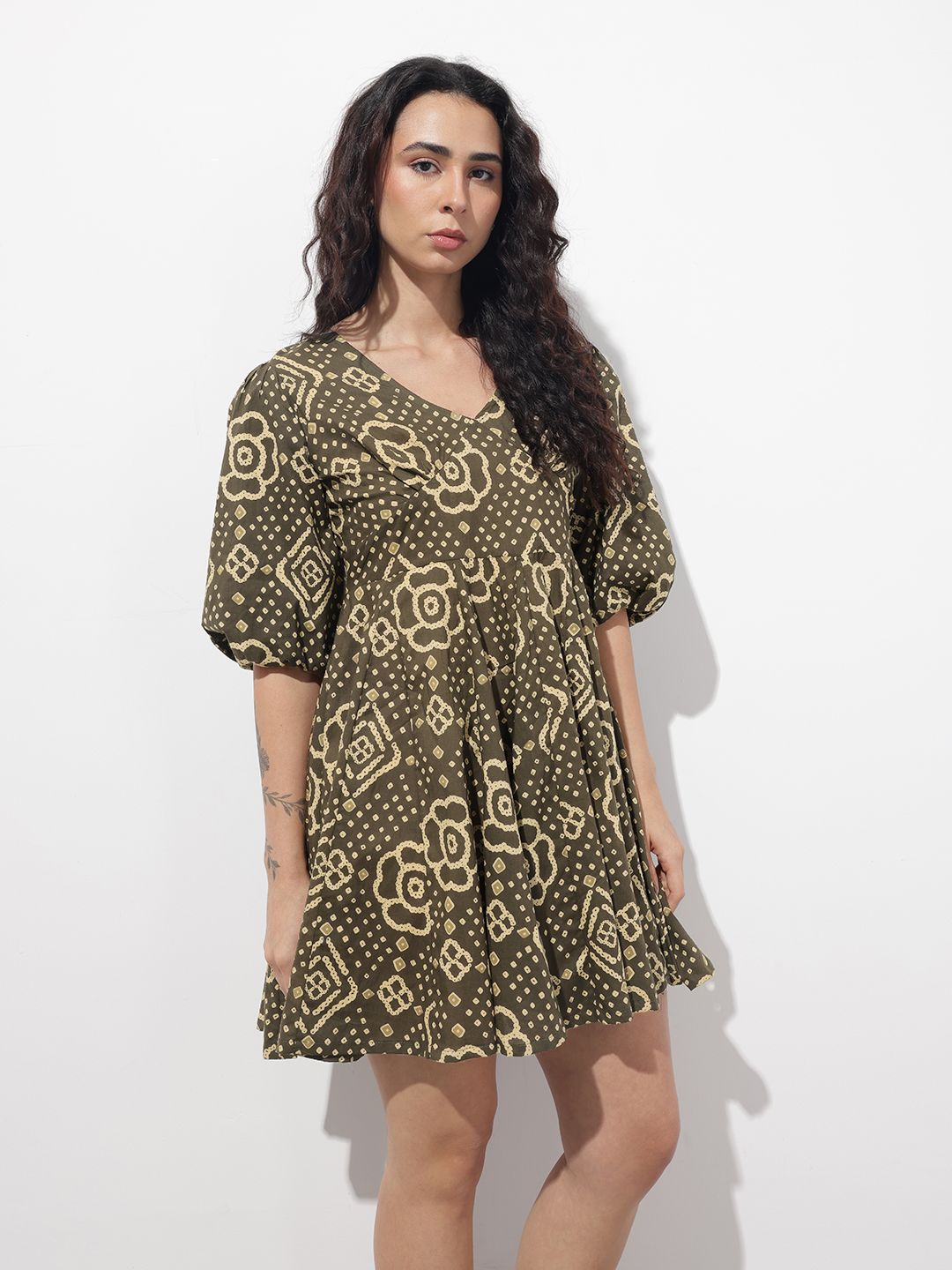 Divena Brown V-Neck Short Bell Sleeves Mini Cotton Dress