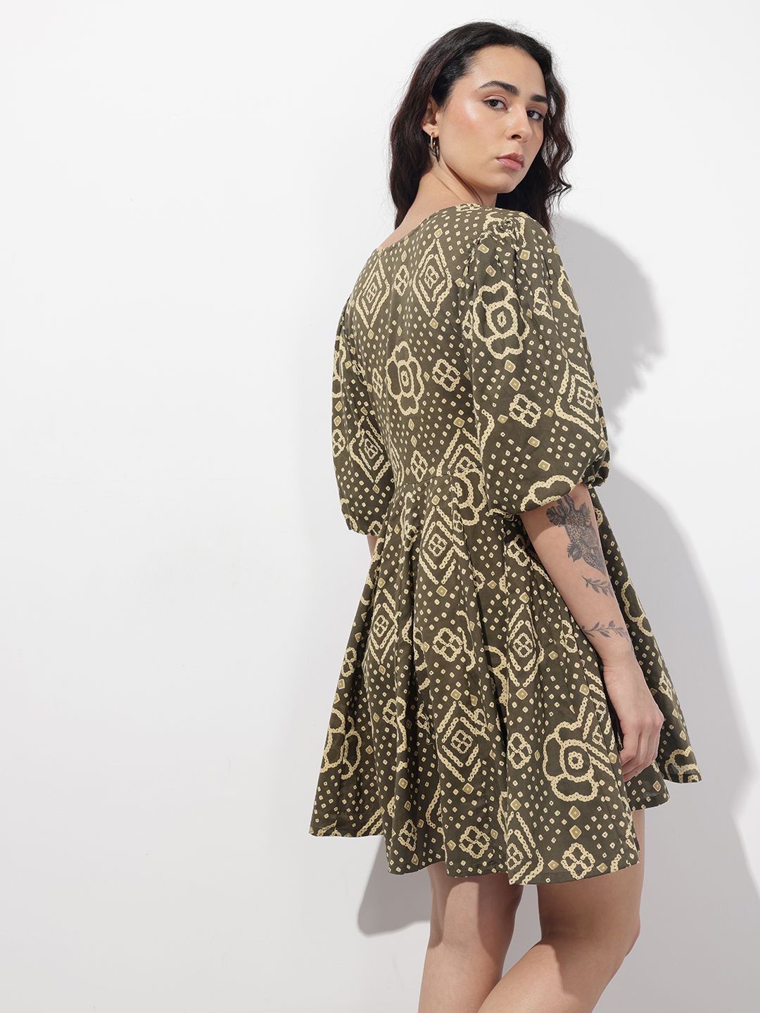 Divena Brown V-Neck Short Bell Sleeves Mini Cotton Dress