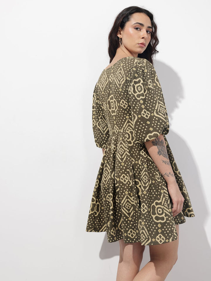 Divena Brown V-Neck Short Bell Sleeves Mini Cotton Dress
