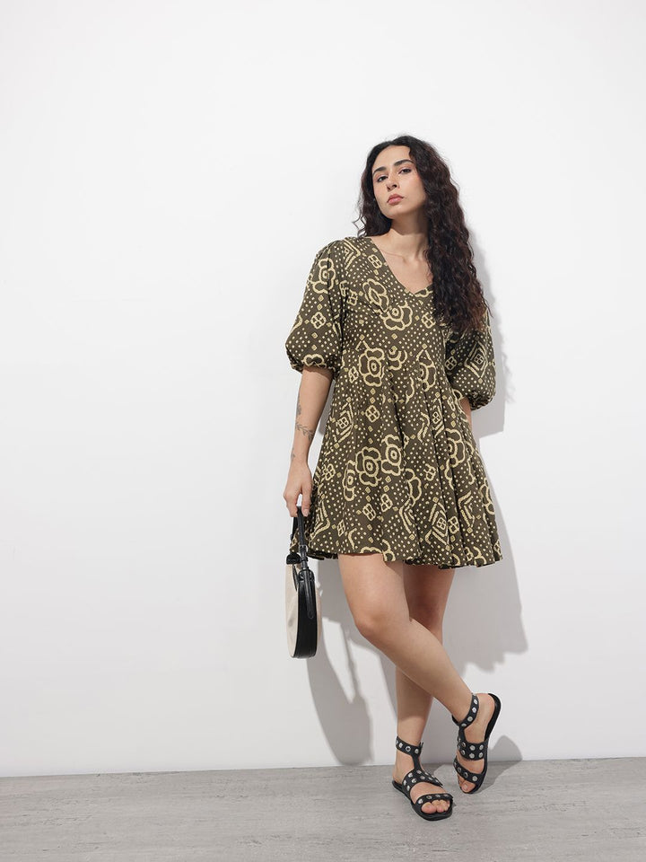 Divena Brown V-Neck Short Bell Sleeves Mini Cotton Dress