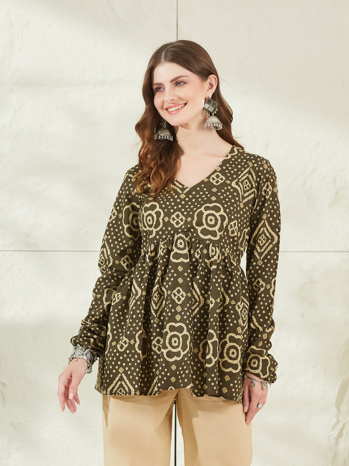 Divena Brown Floral Printed V Neck Cotton Top