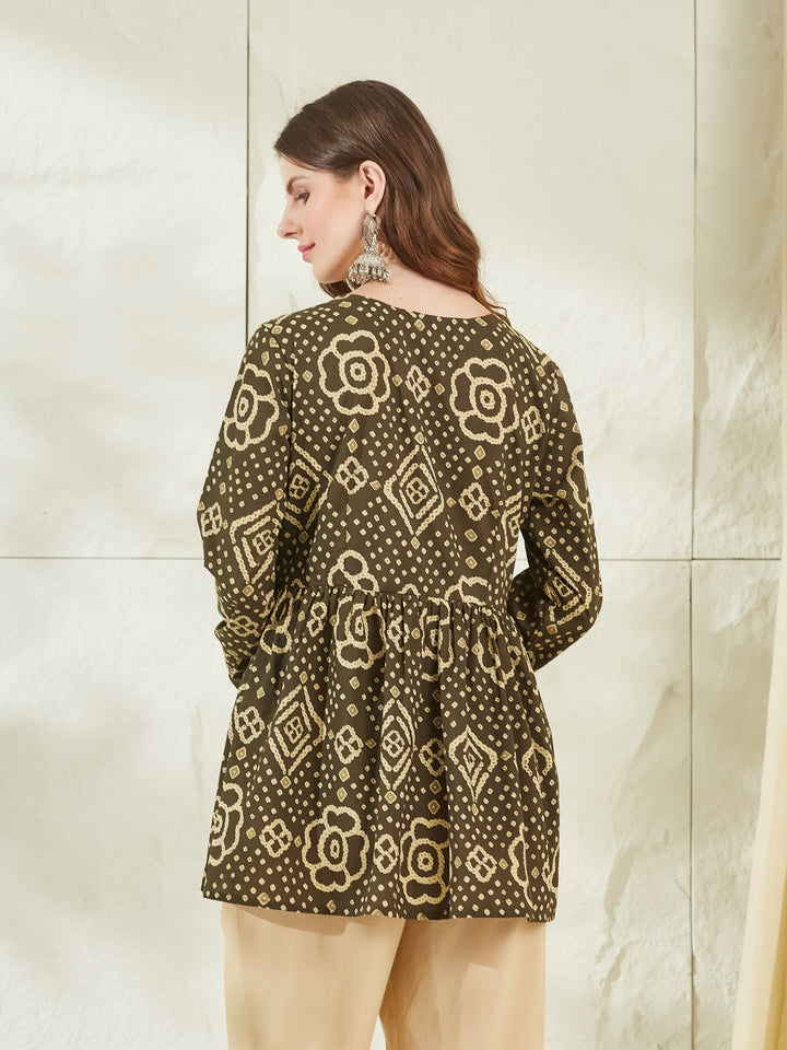 Divena Brown Floral Printed V Neck Cotton Top