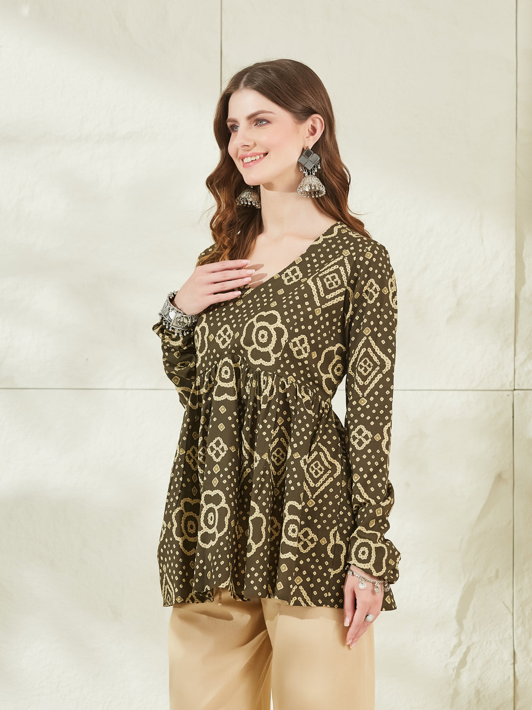 Divena Brown Floral Printed V Neck Cotton Top