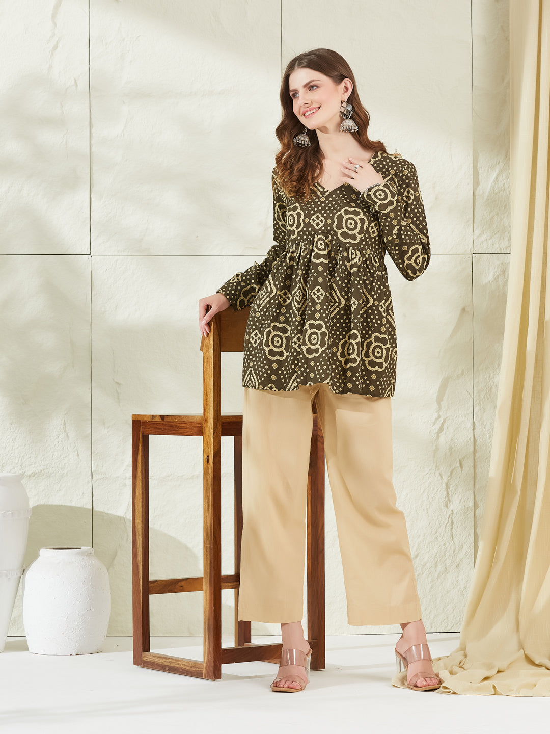 Divena Brown Floral Printed V Neck Cotton Top