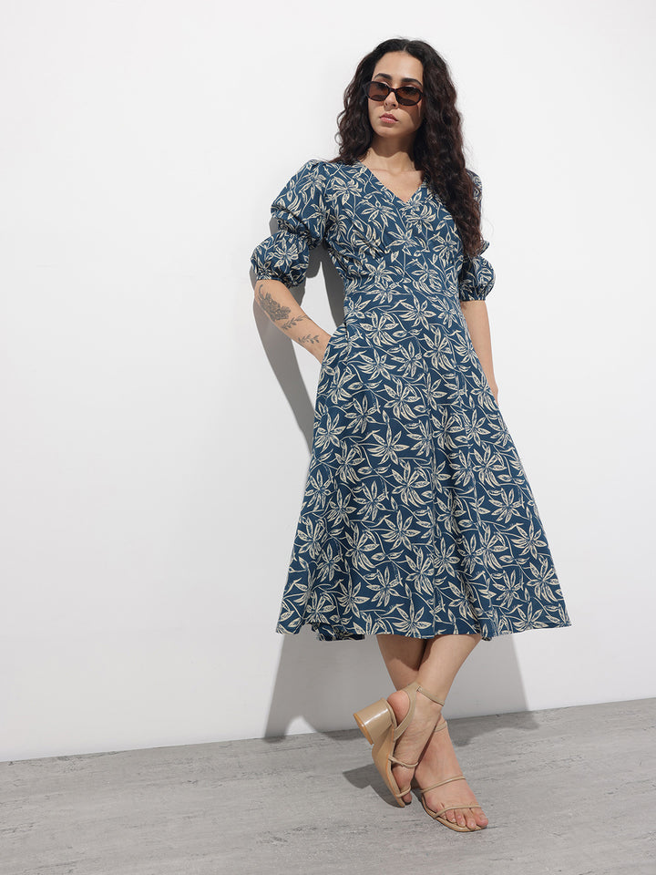 Divena Blue V-Neck Midi Cotton Dress