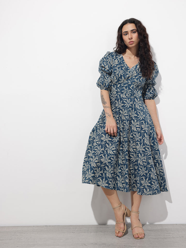 Divena Blue V-Neck Midi Cotton Dress