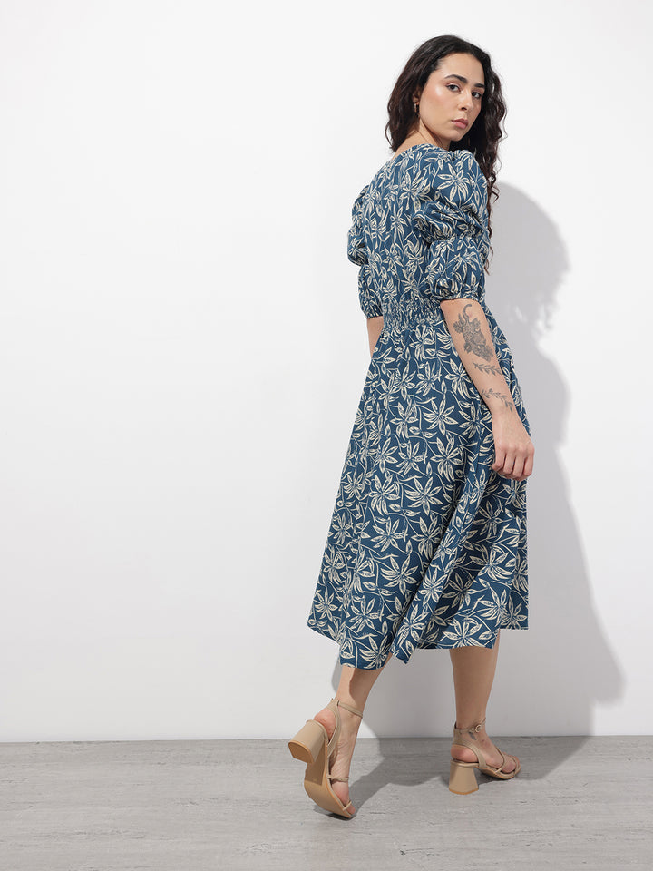 Divena Blue V-Neck Midi Cotton Dress