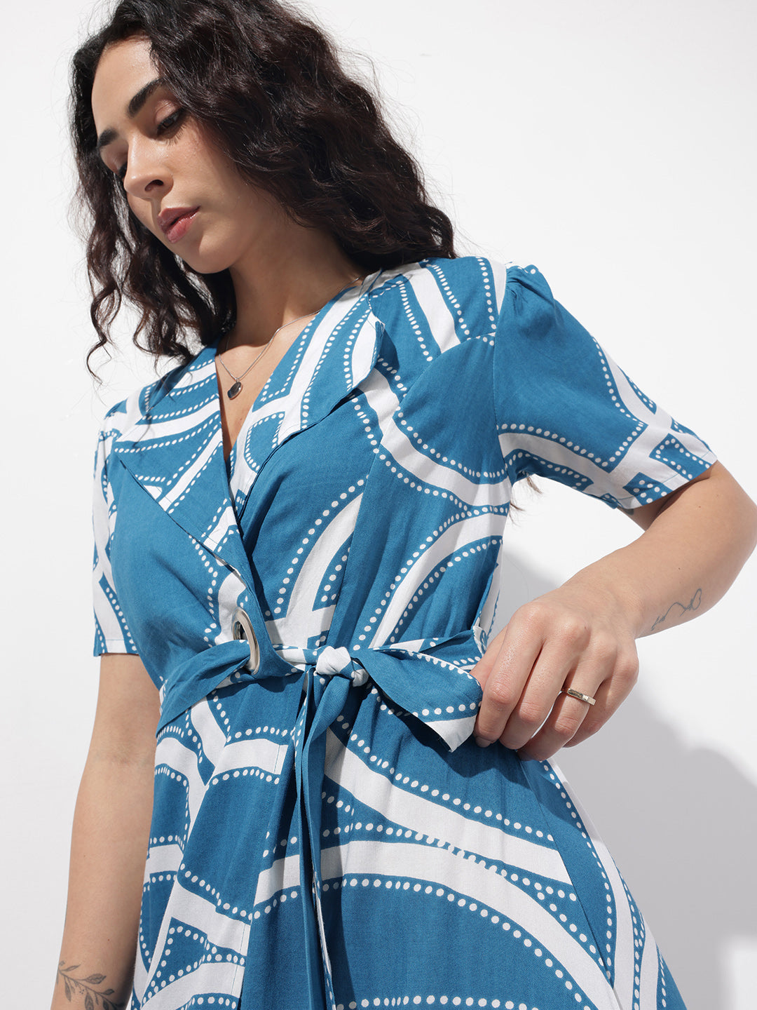 Divena Blue Lepal Neck Abstract Print Rayon Midi Dress