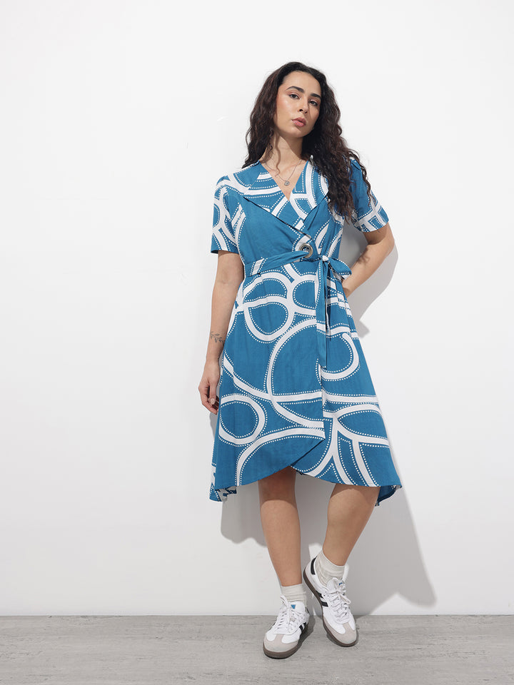 Divena Blue Lepal Neck Abstract Print Rayon Midi Dress