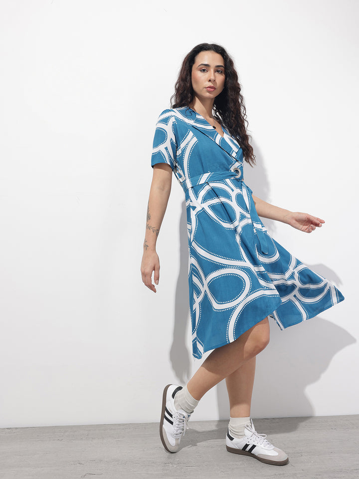 Divena Blue Lepal Neck Abstract Print Rayon Midi Dress