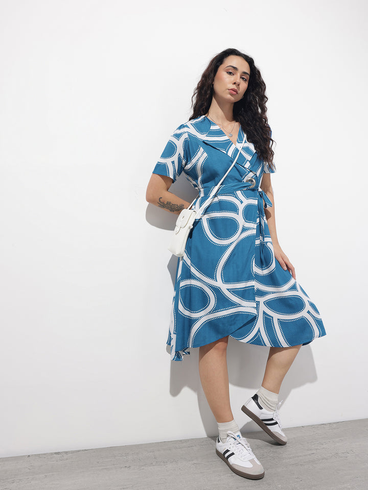 Divena Blue Lepal Neck Abstract Print Rayon Midi Dress