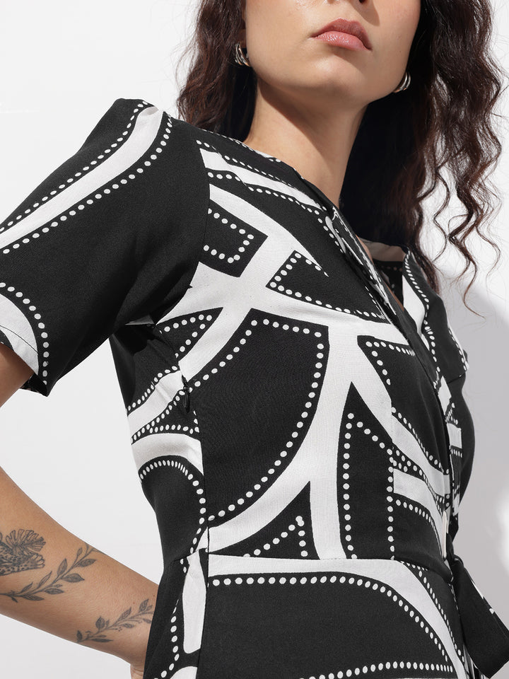 Divena Black Lepal Neck Abstract Print Rayon Midi Dress