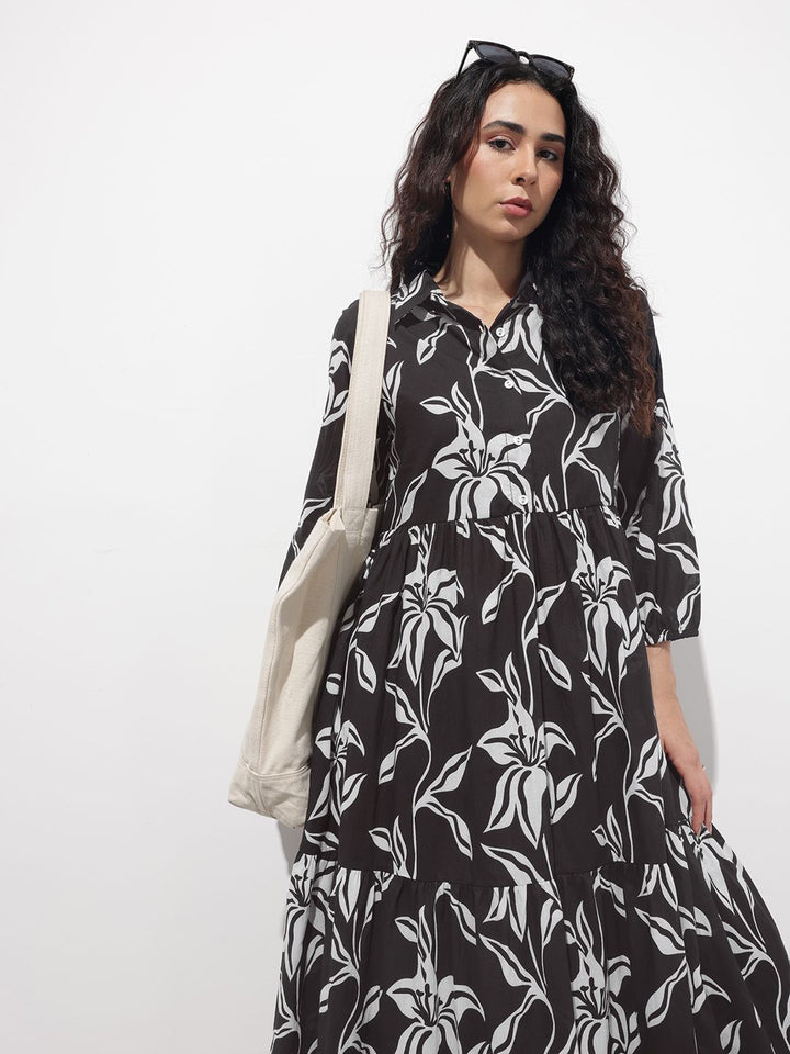 Divena Black Shirt Coller Mulmul Linning Cotton Dress