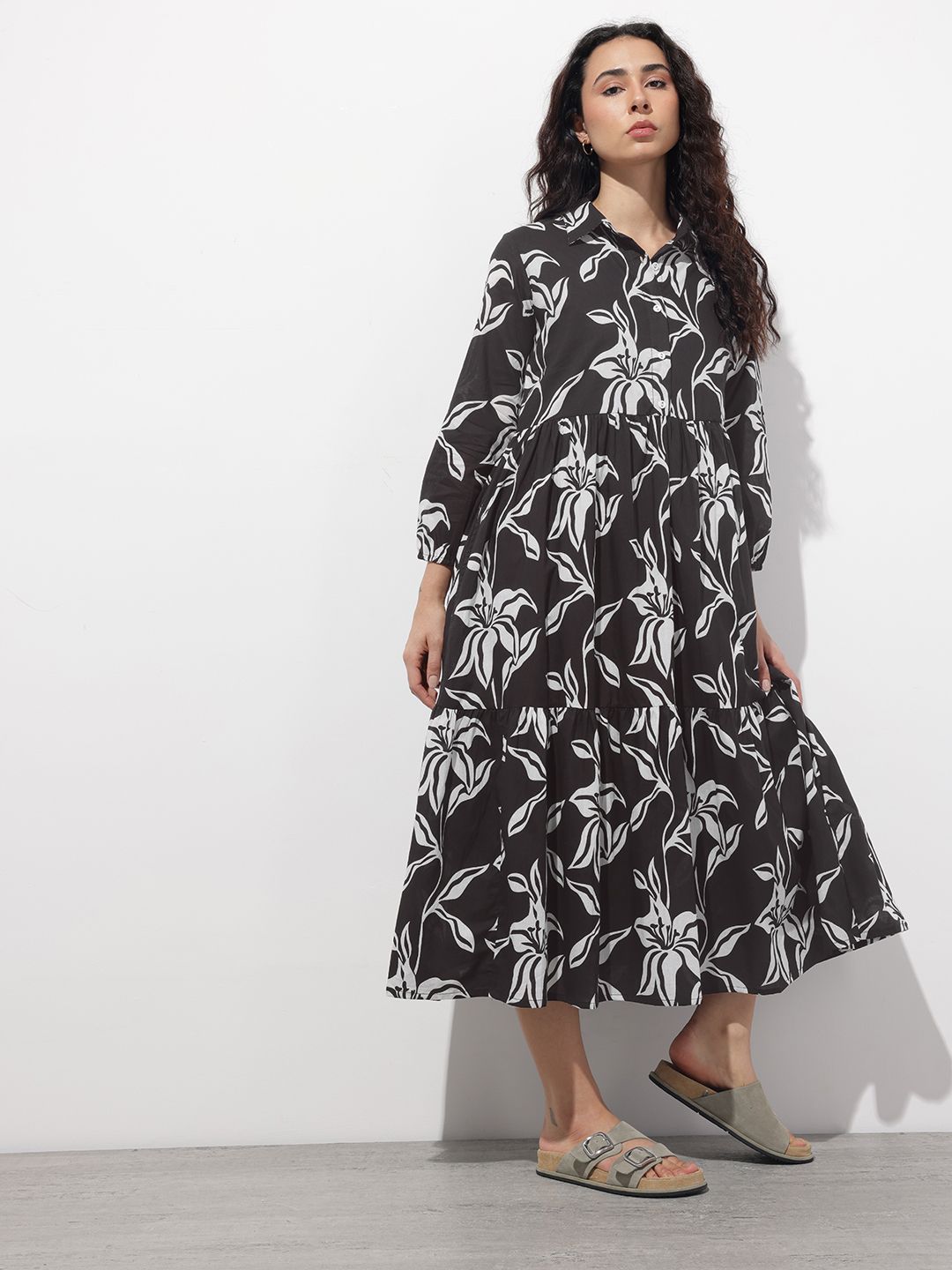 Divena Black Shirt Coller Mulmul Linning Cotton Dress