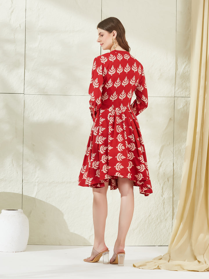 Divena Red Rayon Boat Neck Knee Length Dress