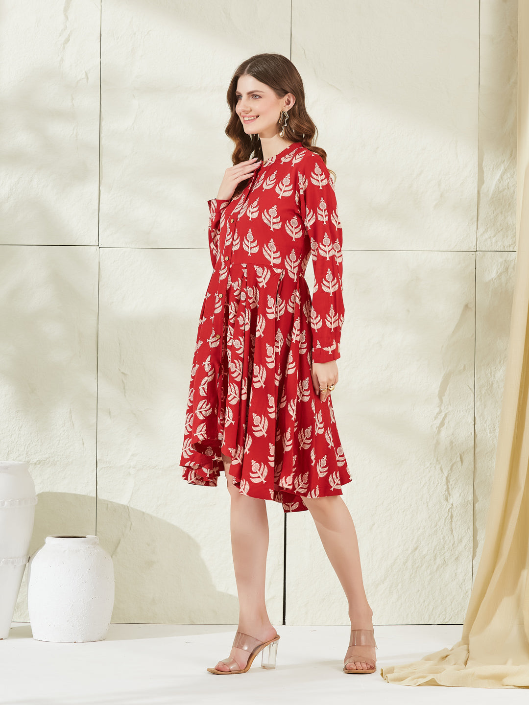 Divena Red Rayon Boat Neck Knee Length Dress