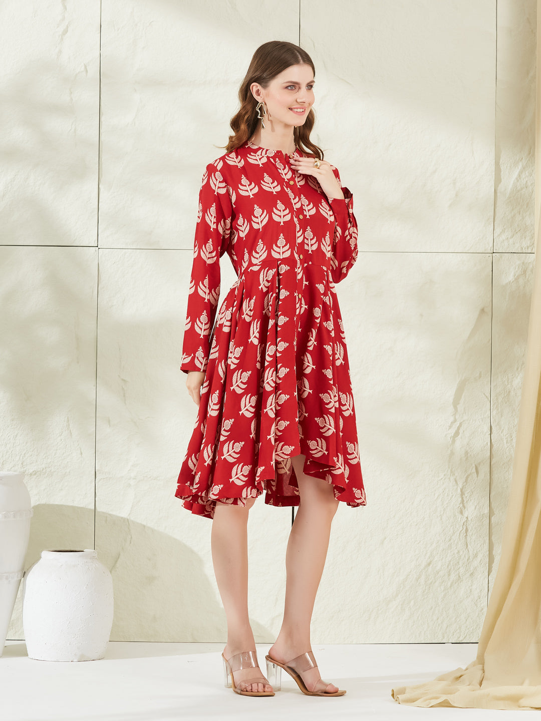 Divena Red Rayon Boat Neck Knee Length Dress