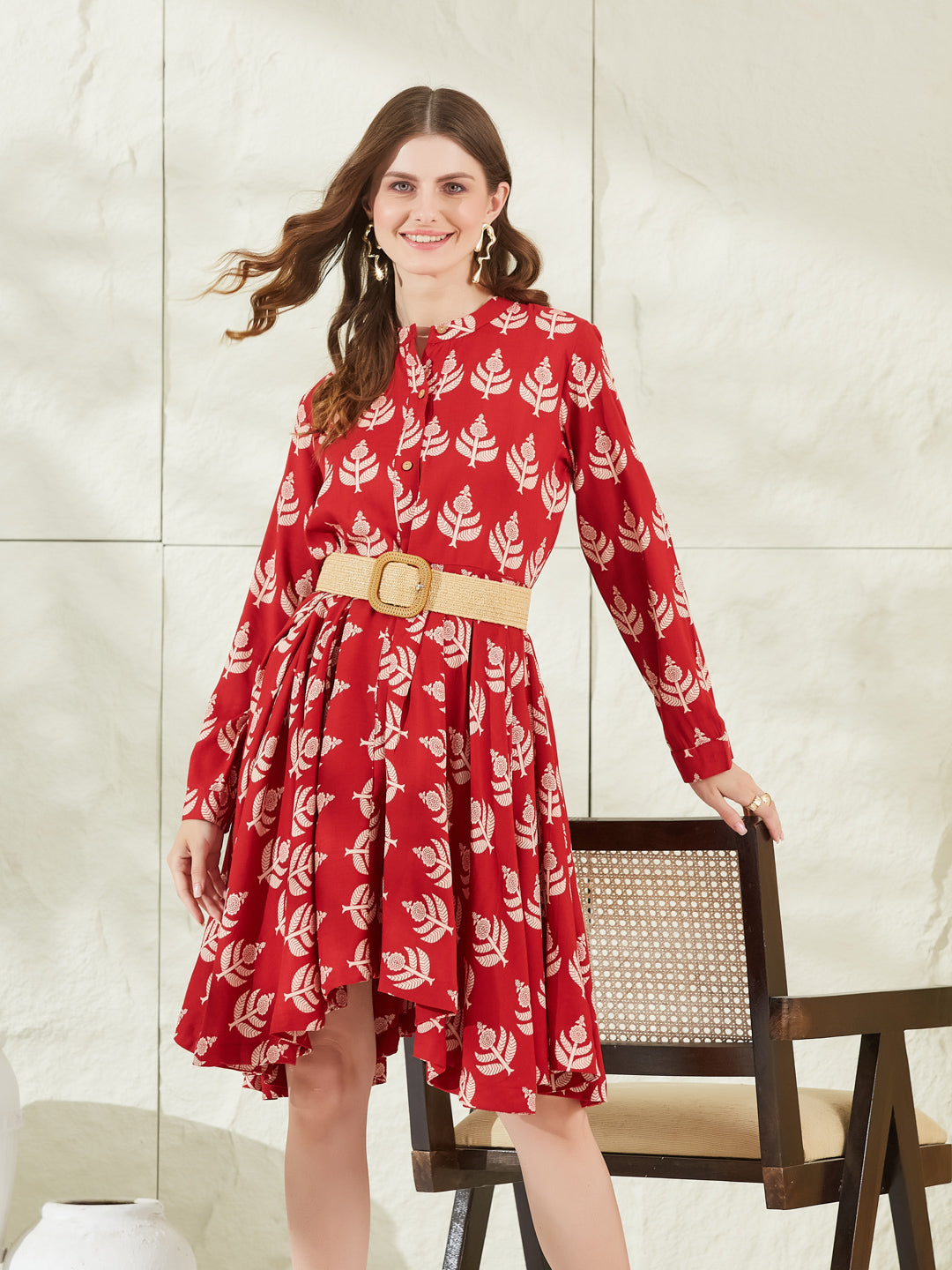 Divena Red Rayon Boat Neck Knee Length Dress