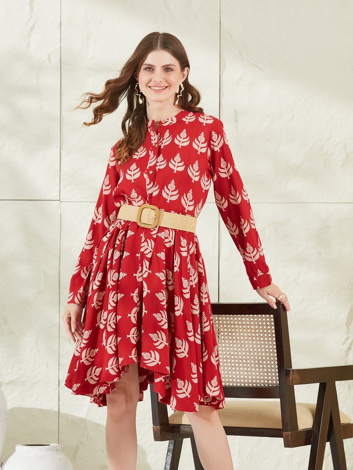 Divena Red Rayon Boat Neck Knee Length Dress
