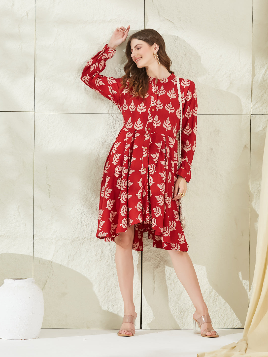 Divena Red Rayon Boat Neck Knee Length Dress