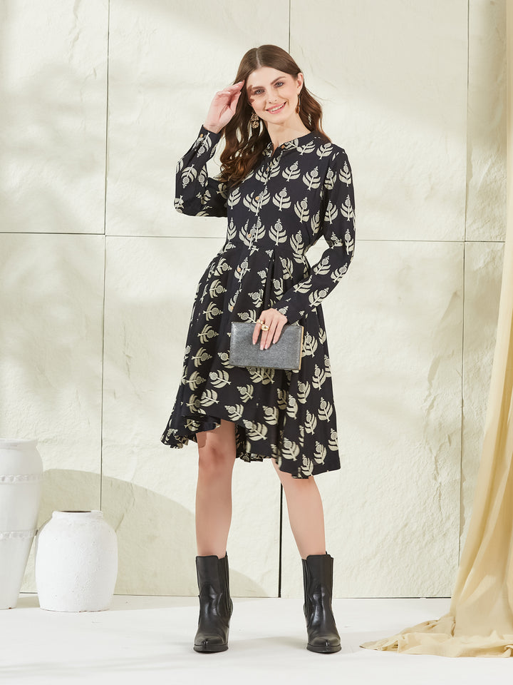 Divena Black Rayon Boat Neck Knee Length Dress