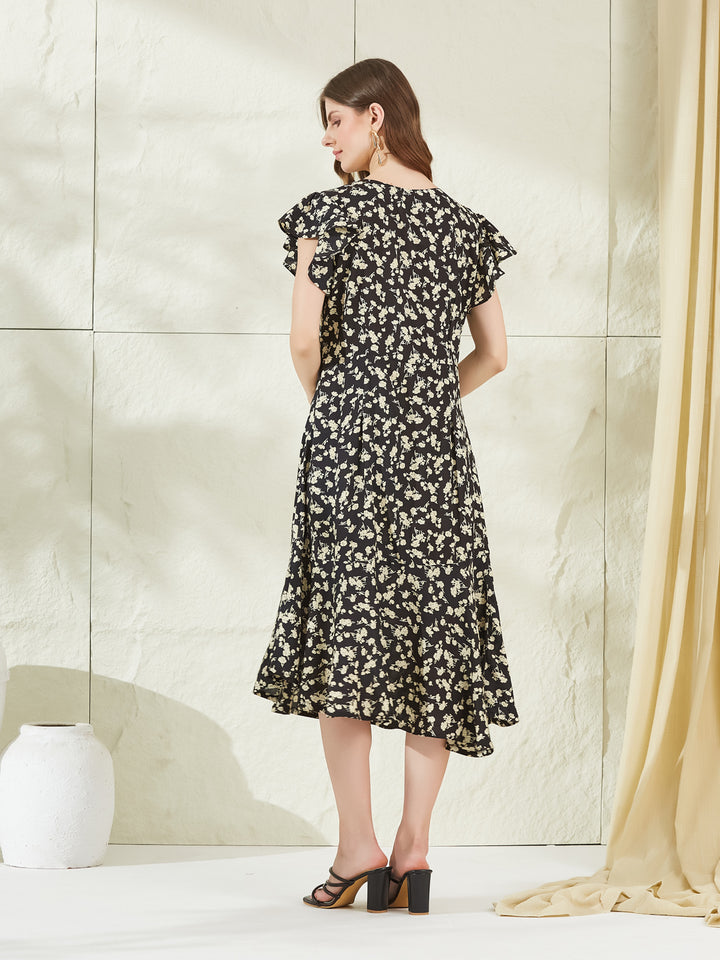 Divena Black Rayon V Neck Midi Dress