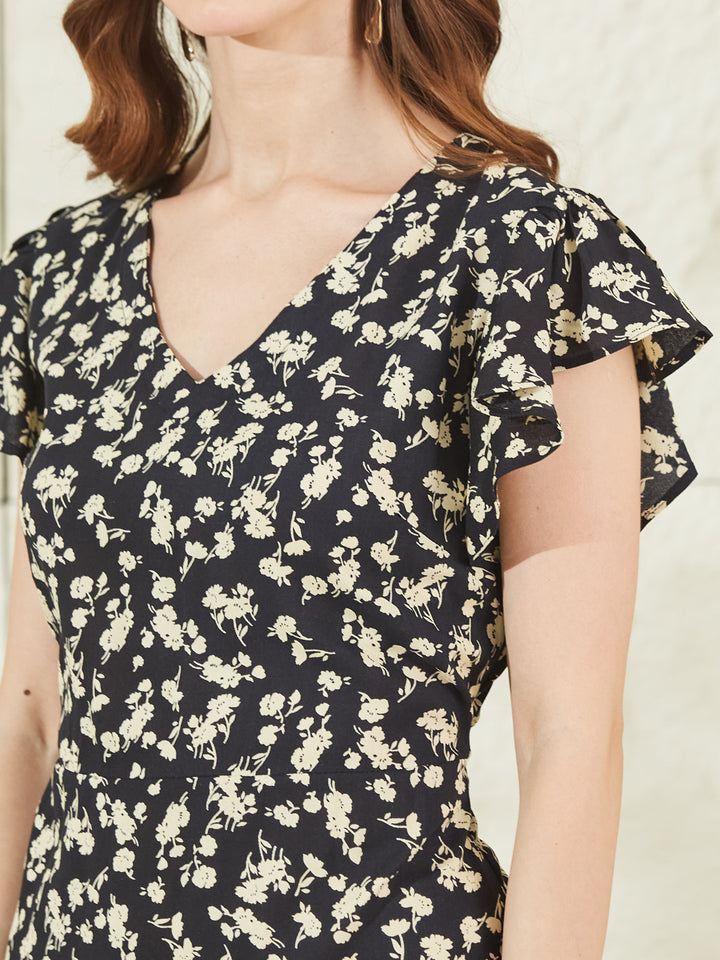 Divena Black Rayon V Neck Midi Dress