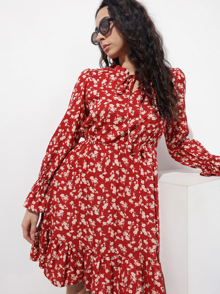 Divena Maroon Round Neck Floral Print Rayon Midi Dress