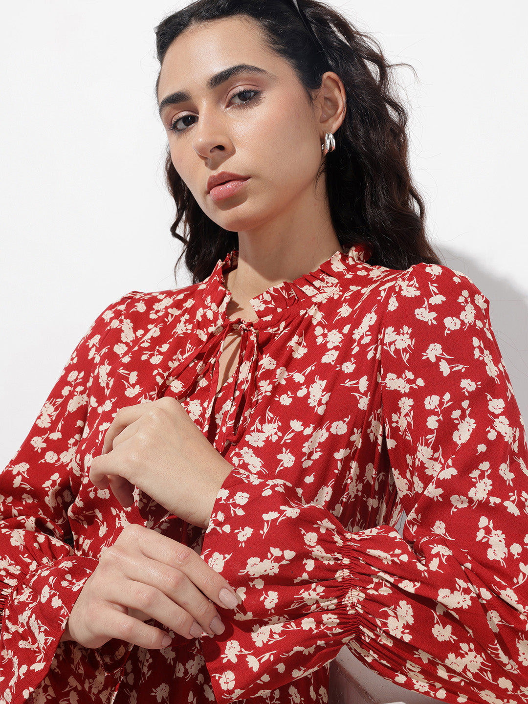 Divena Maroon Round Neck Floral Print Rayon Midi Dress