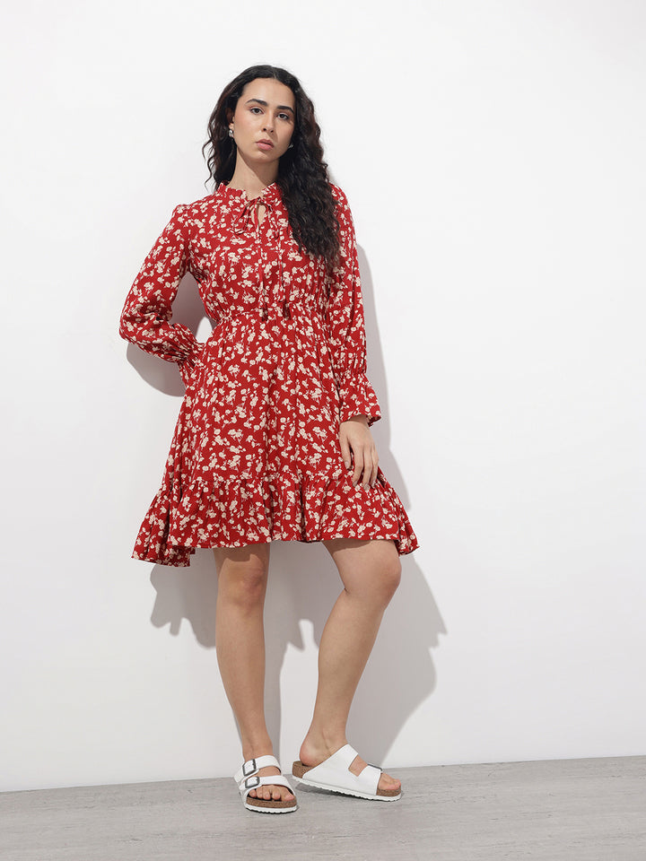 Divena Maroon Round Neck Floral Print Rayon Midi Dress