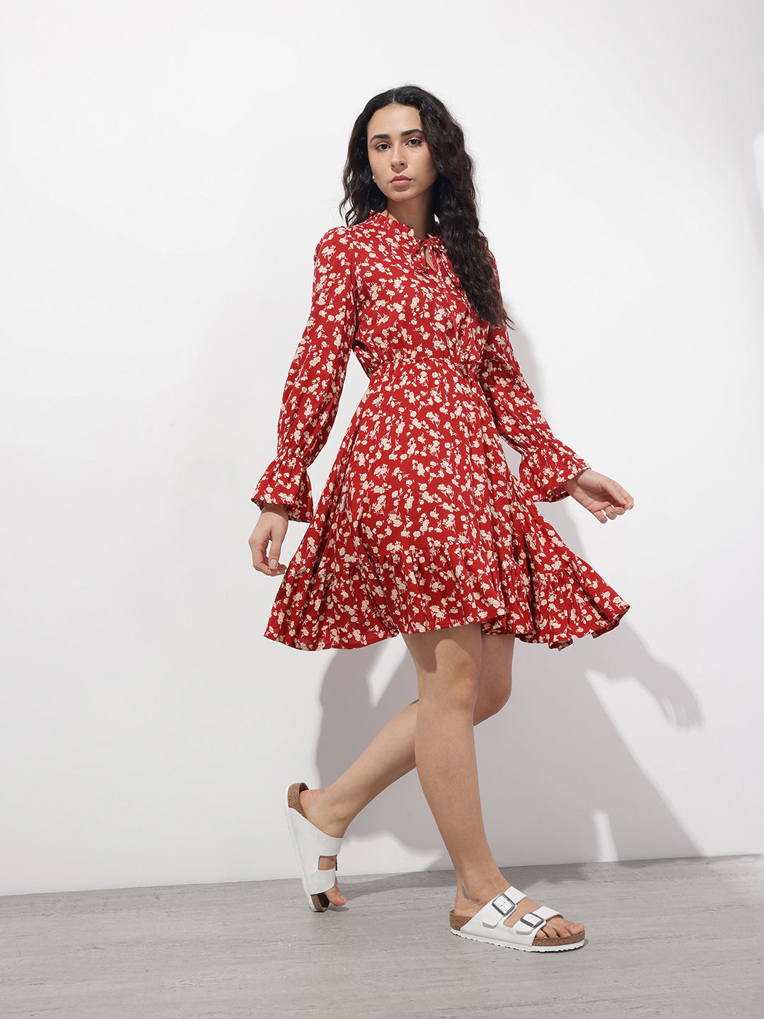 Divena Maroon Round Neck Floral Print Rayon Midi Dress