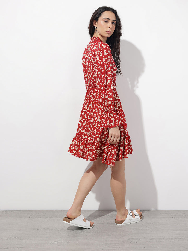 Divena Maroon Round Neck Floral Print Rayon Midi Dress