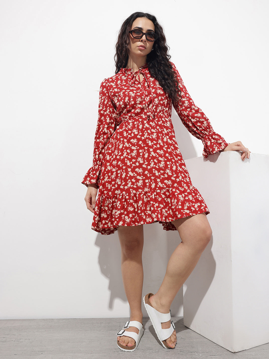 Divena Maroon Round Neck Floral Print Rayon Midi Dress