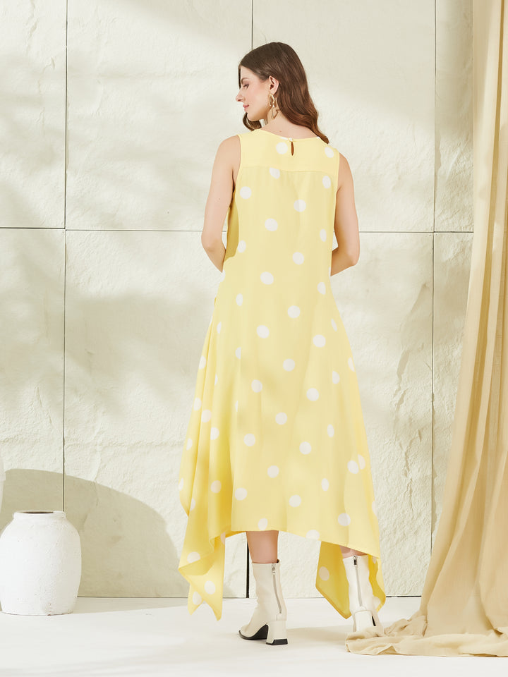 Divena Yellow Rayon Polka Dots Midi Dress