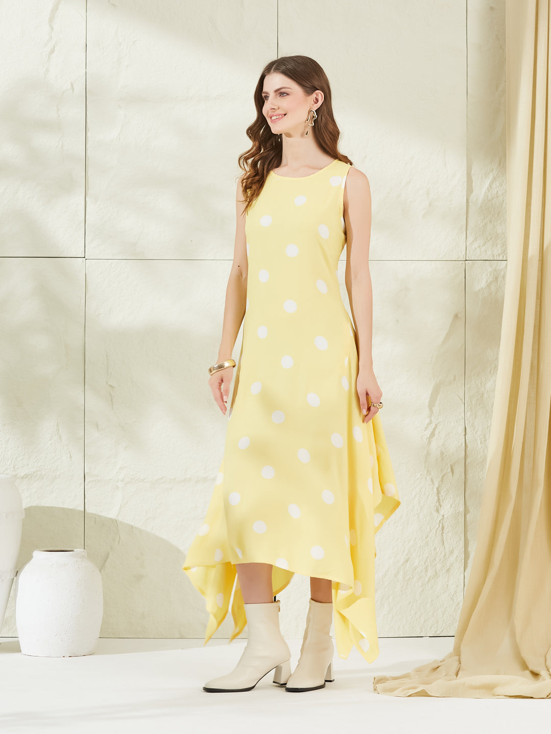 Divena Yellow Rayon Polka Dots Midi Dress