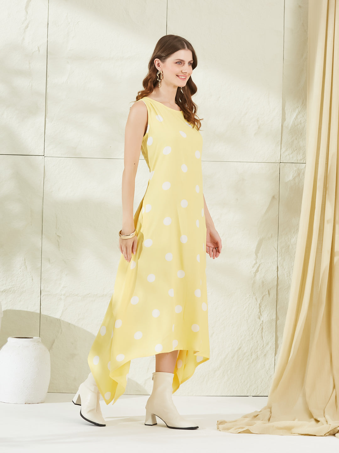 Divena Yellow Rayon Polka Dots Midi Dress