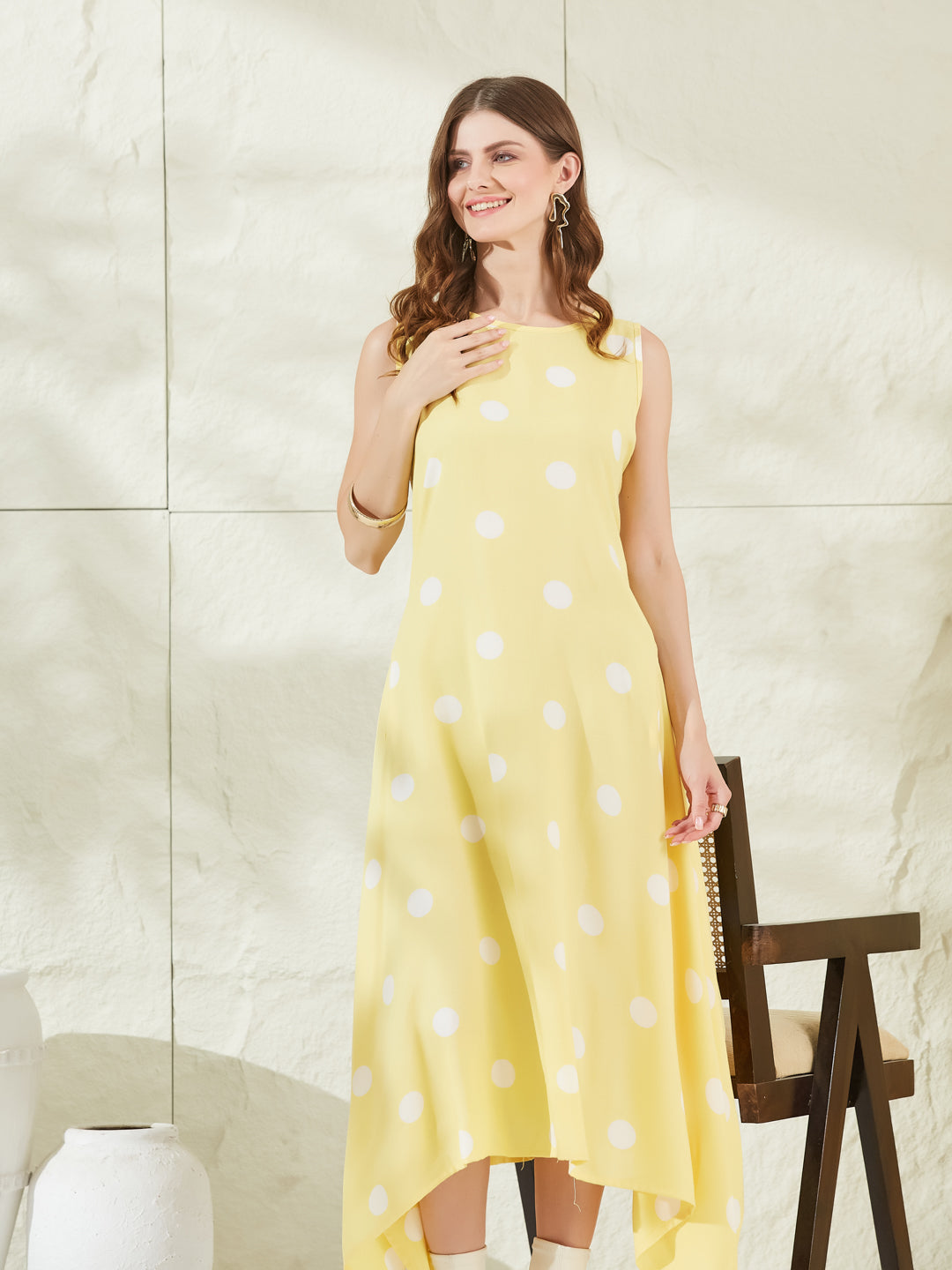 Divena Yellow Rayon Polka Dots Midi Dress