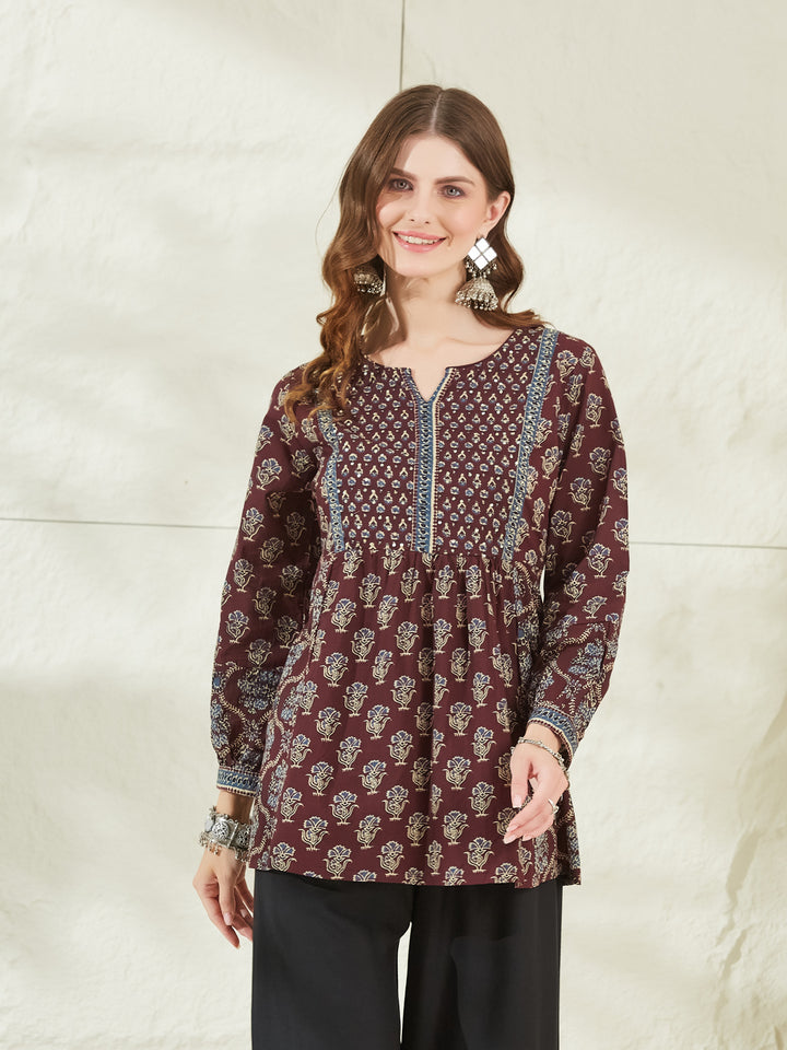 Divena Wine Color Cotton Peplum Top