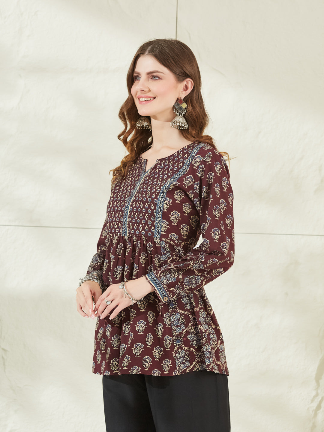 Divena Wine Color Cotton Peplum Top