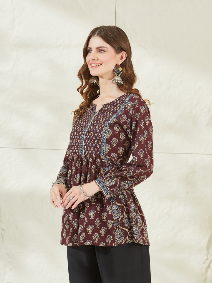 Divena Wine Color Cotton Peplum Top